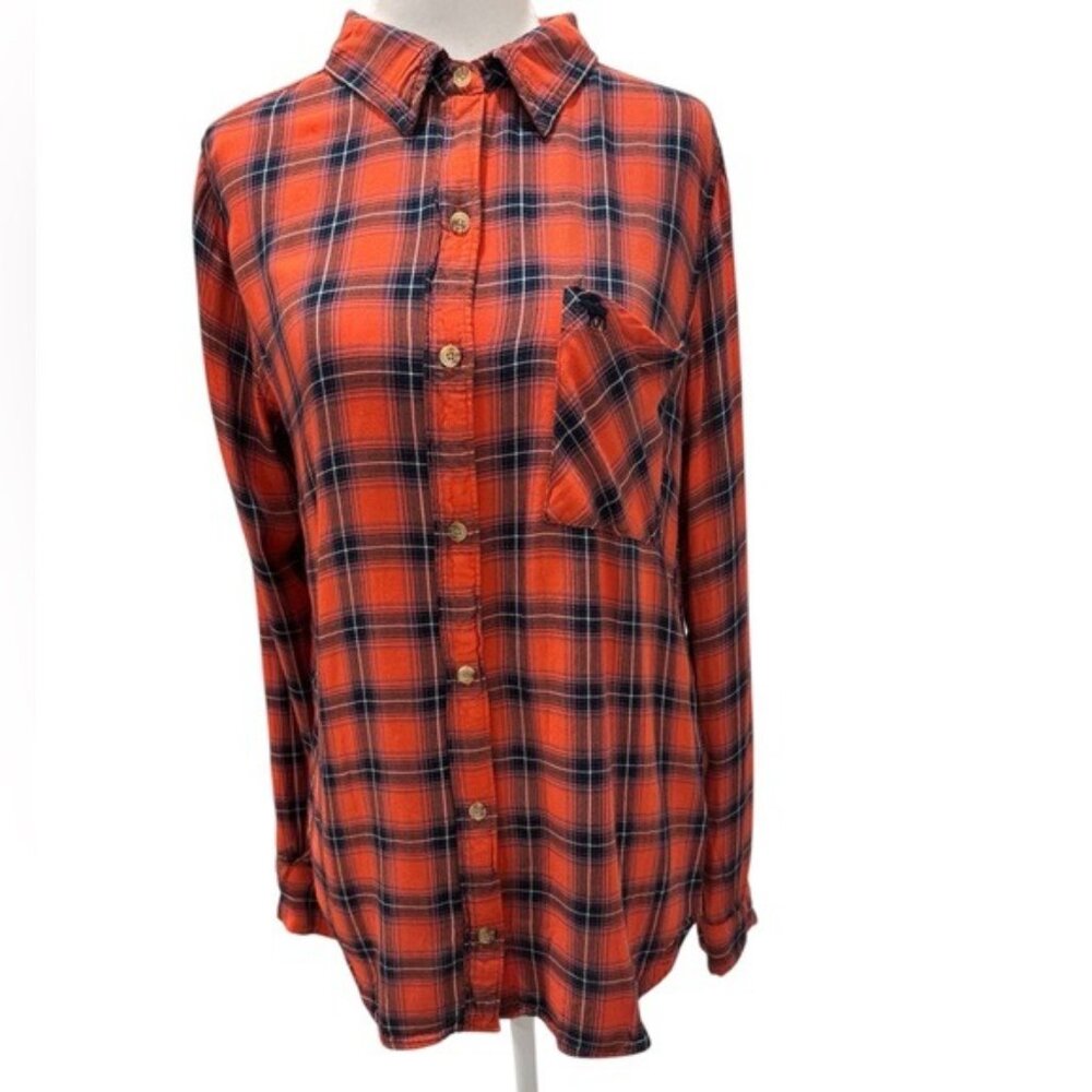 Abercrombie & Fitch Orange Red Flannel Tartan Plaid Button Down Shirt M